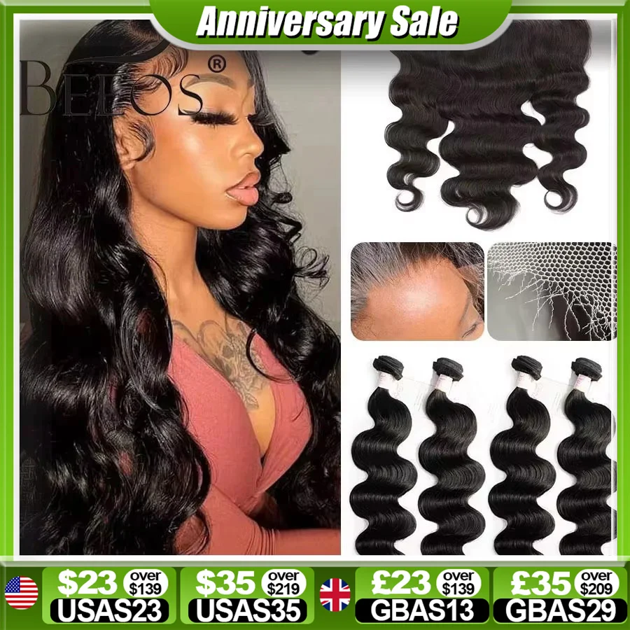 

Человеческие волосы BEEOS с волнистыми пряди, с фронтальной шнуровкой 13x6 HD, недетектируемые волосы, 3 пряди с HD застежкой, для наращивания