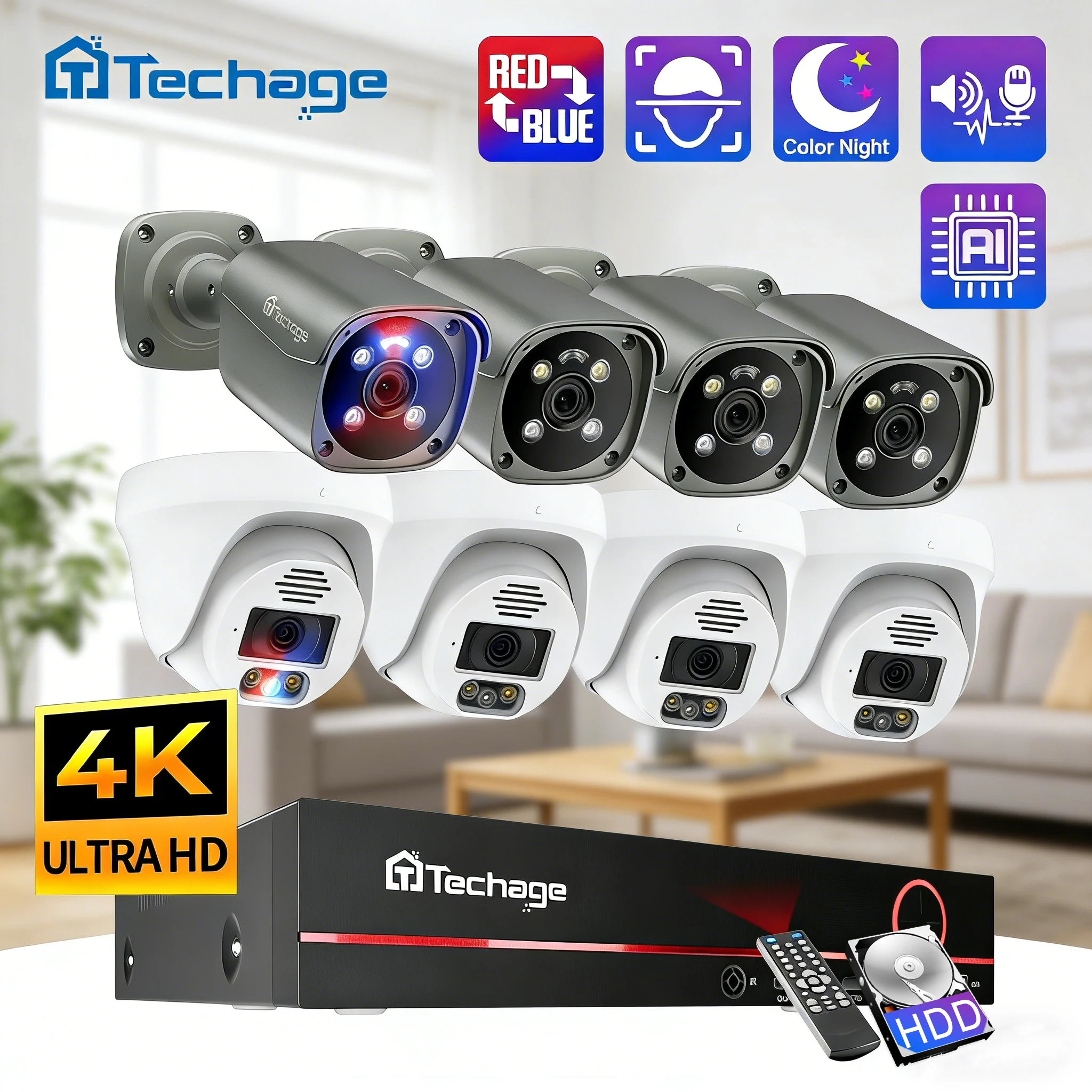 Techage 8CH 8MP PoE Dome CCTV Camera System NVR Kit H.265 AI Face Detection Two-way Audio 4K Security Surveillance Outdoor Onvif