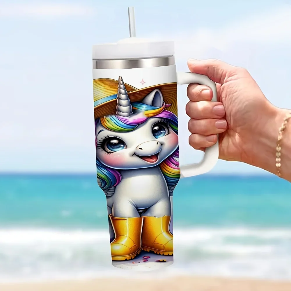 40Oz Tumbler with Handle And Straw, Cute Unicorn Sunflower Print with Positive Quote, Suitable for Everyone, Fits Hot And Cold Drinks in Summer And Winter, Perfect for Daily Use And Outdoor Activities