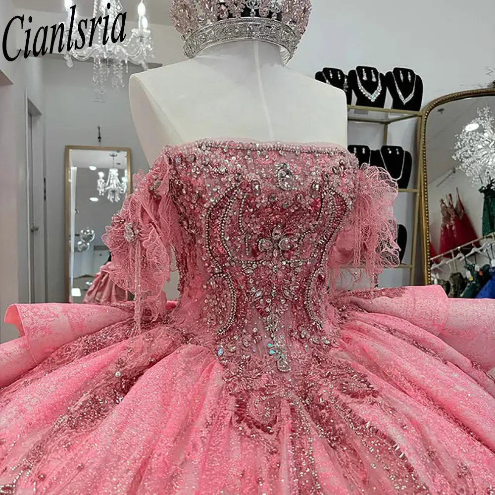 

Арбуз с открытыми плечами и оборками, платья Quinceanera, бальное платье, аппликации из бисера, кружево Sweet 15 лет, мексиканский индивидуальный заказ