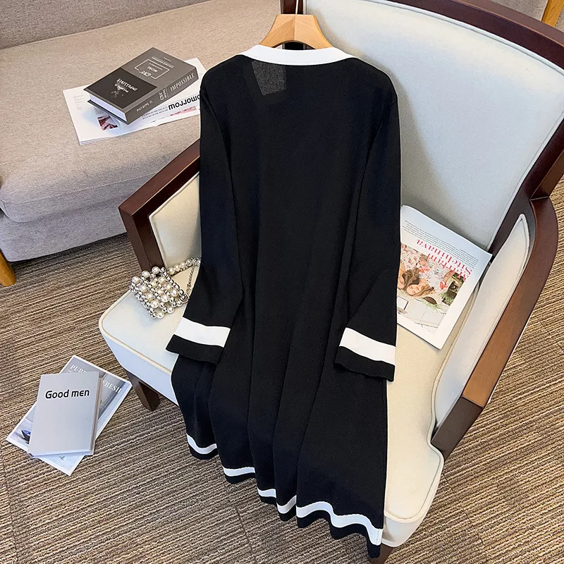 155Kg Plus Size Women\'s Bust 160 Spring Autumn New Ice Silk Knitting Long Sleeve V-Neck Dress Black 5XL 6XL 7XL 8XL 9XL 10XL