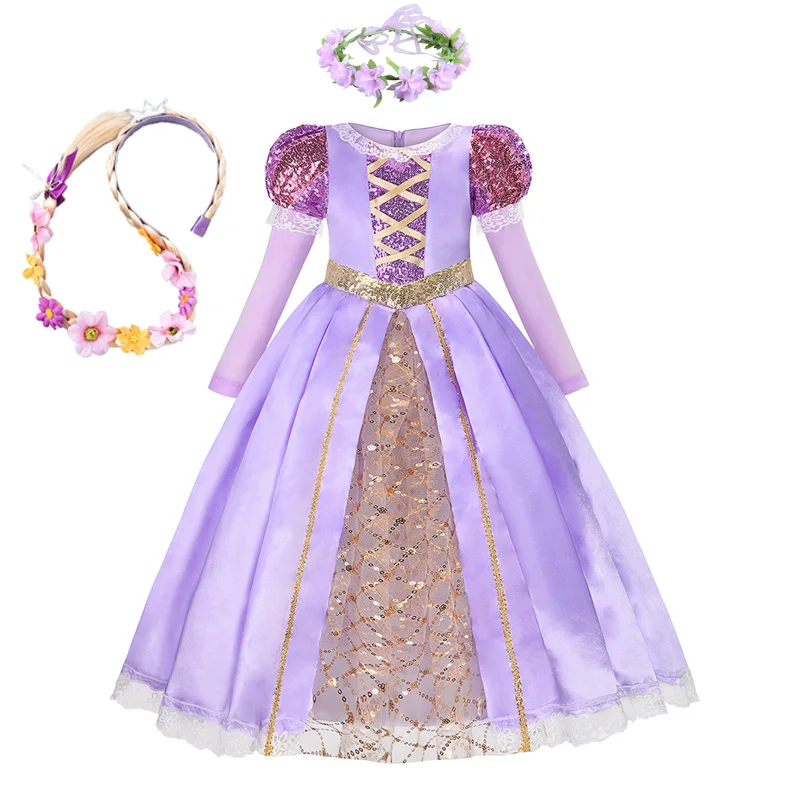 Girls Rapunzel Dress Kids Tangled Sequin Cosplay Carnival Children Princess Costume Birthday Party Gown Outfit Clothes