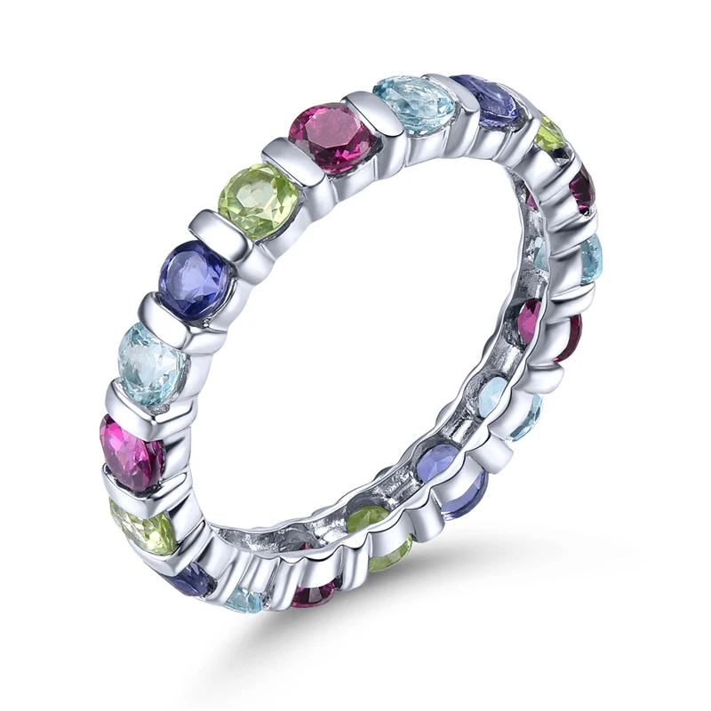 

925 Sterling Silver Gemstone Eternity Ring for Women Gemstone Natural Rhodolite Garnet Lolite Topaz Ring for Women