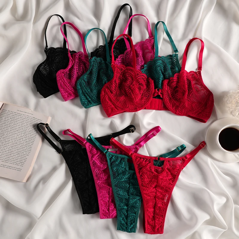 Conjunto de lencería romántica sin aros para mujer, ropa interior Sexy rosa, Sujetador de encaje y conjuntos de bragas, gran oferta