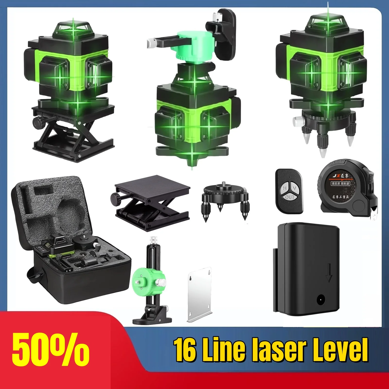 Bateria de Íon-lítio 4d 16 Linhas Profissional 360 ° Autonivelante Horizontal e Vertical Controle Remoto Linha Verde Laser Nível 2×2400mah