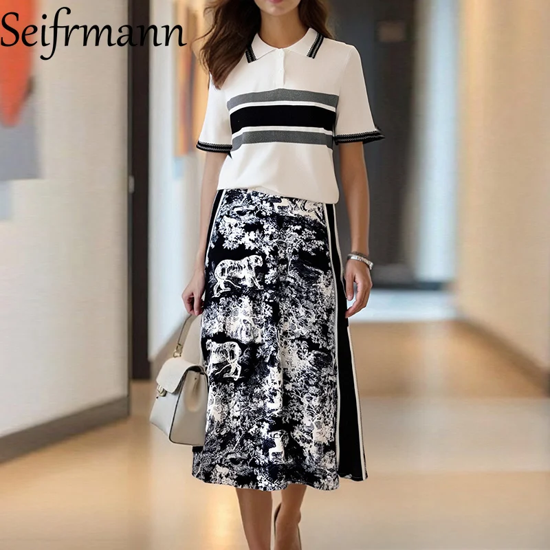 

Seifrmann 2025 popular women's fashion lapel black striped short sleeved set with printed pattern half skirt suitable for casual