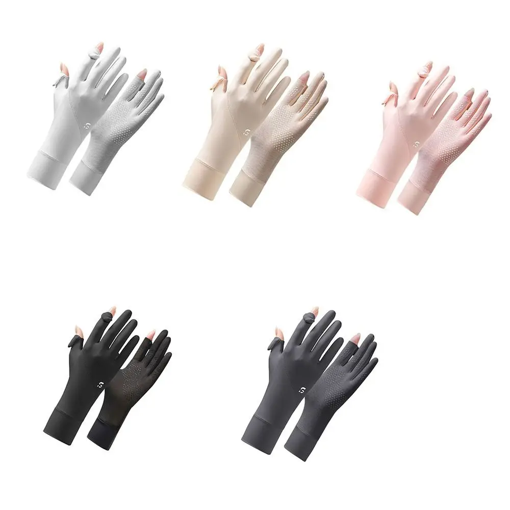 Ice Silk Women Sunscreen Gloves Thin Anti-UV Touch Screen Ice Silk Gloves Exposed Finger Breathable Cycling Driving Gloves