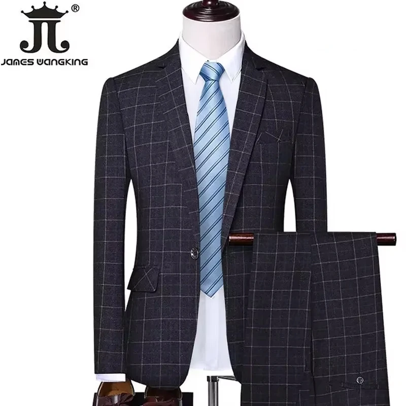 ( Blazer + Pants ) Classic Plaid Men\'s Casual Business Suit 2 Piece Set High-end Brand Groom Wedding Tuxedo Jacket and Trousers