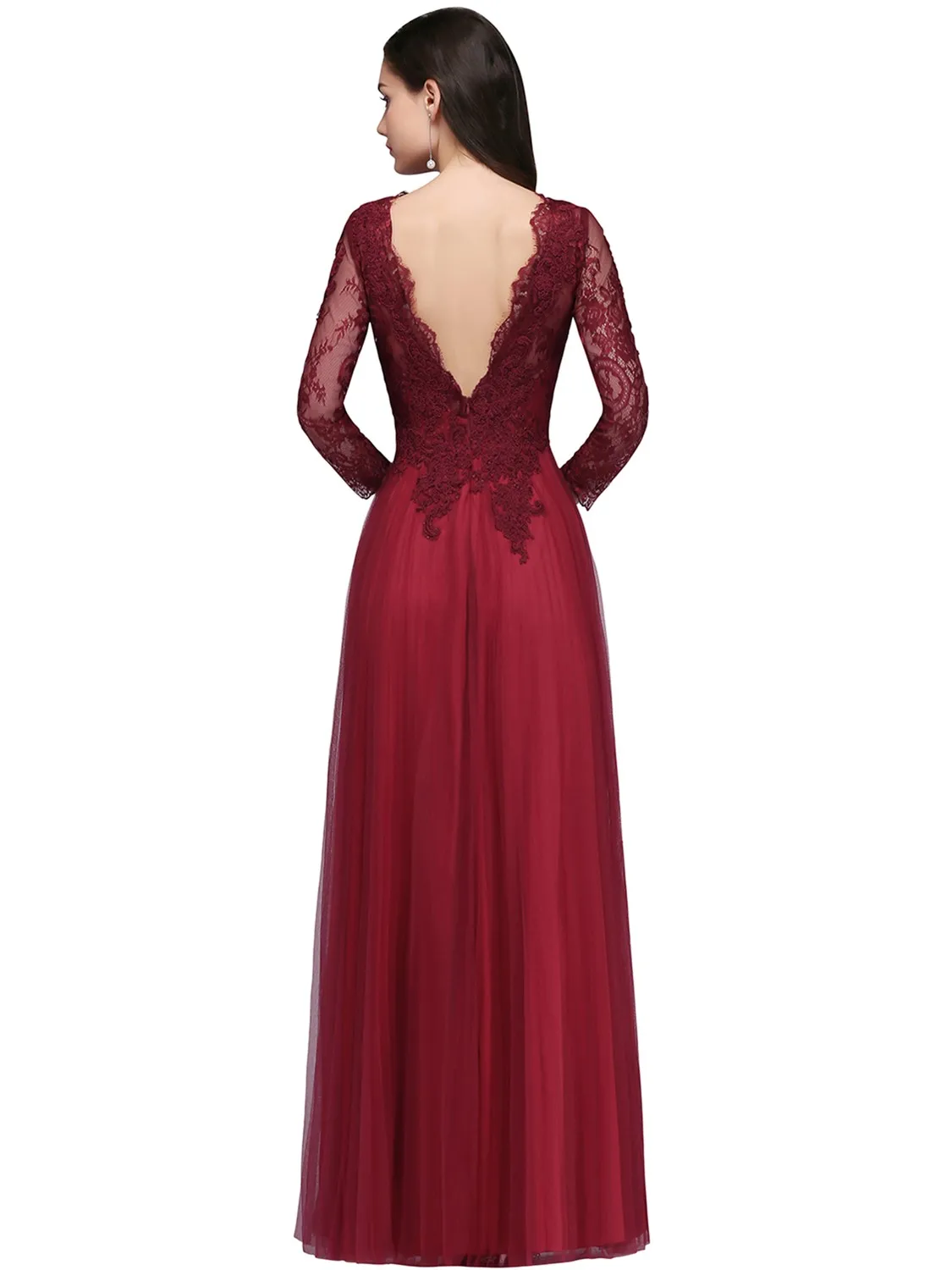 Sexy V Back Tulle Evening Dresses with Linning Burgundy Long Sleeve Lace A Line Female Prom Party Bridesmaid Maxi Gowns