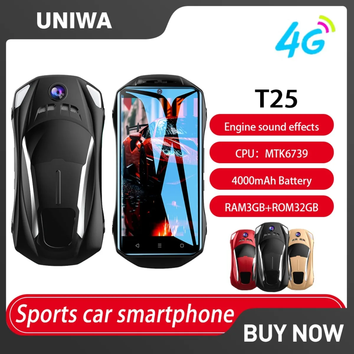 UNIWA T25 4G Stylish Smartphone Engine Sound Sports Car Appearance 4.5” Android 8.1 Dual SIM 3GB+32GB 4000mAh Whatsapp Cellphone