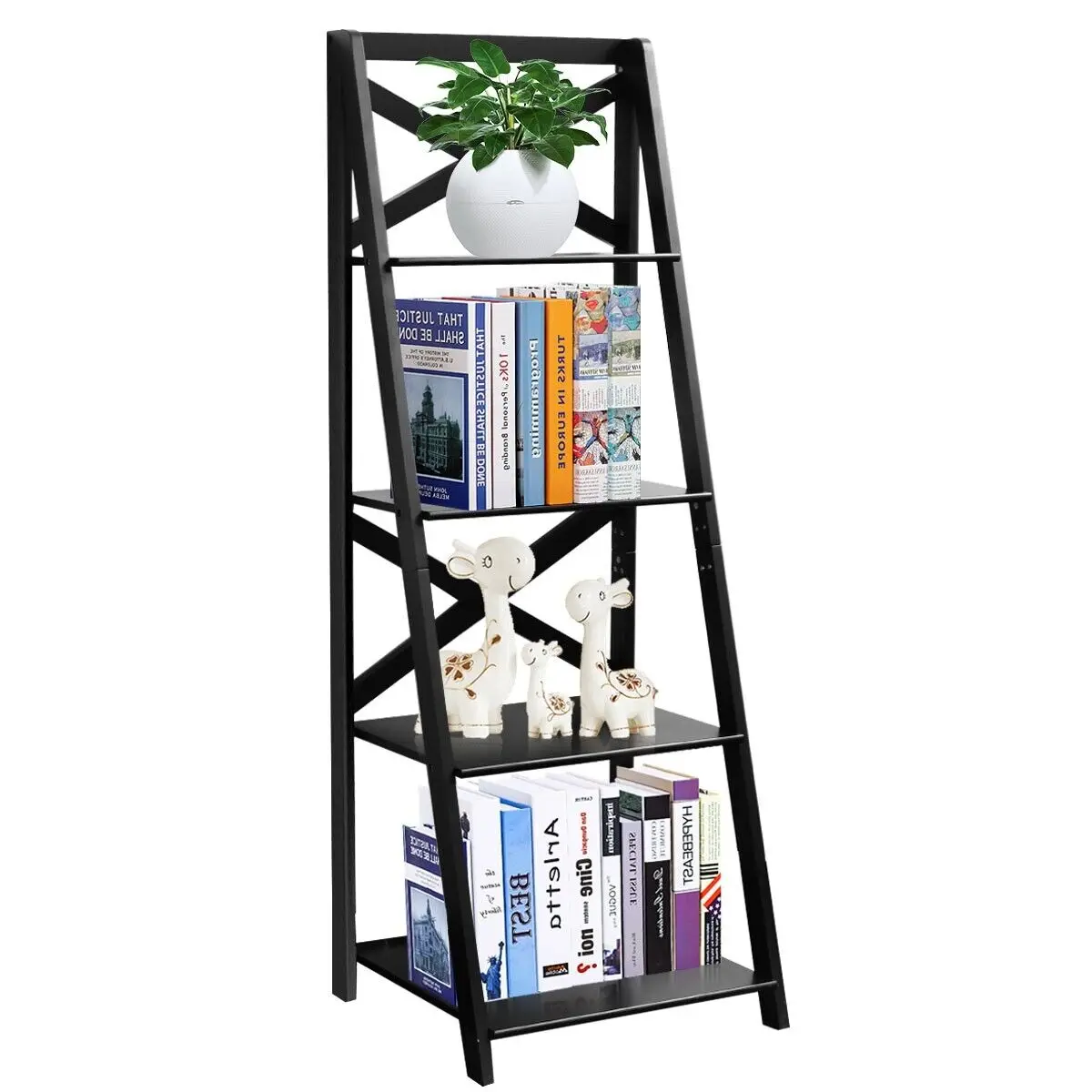 GOFLAME 4 Tier Ladder Shelf Storage Shelving Unit Wooden Bookcase Shelves Space Saving