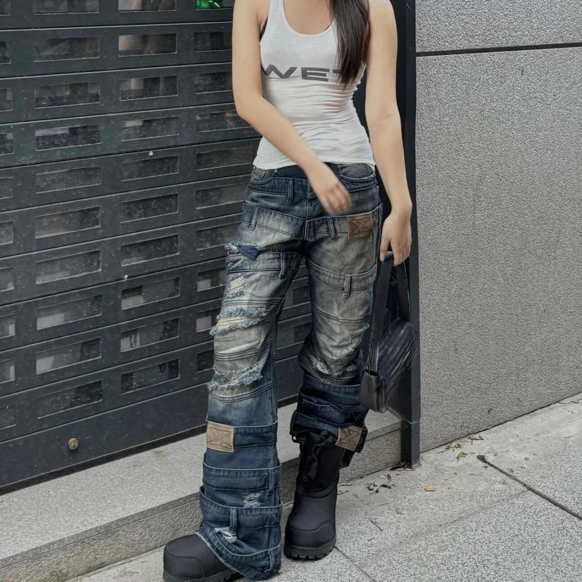 

Y2K Heavy Duty Cargo Pants Women Low Rise Patchwork Distressed Denim Wide Leg Drag Pants