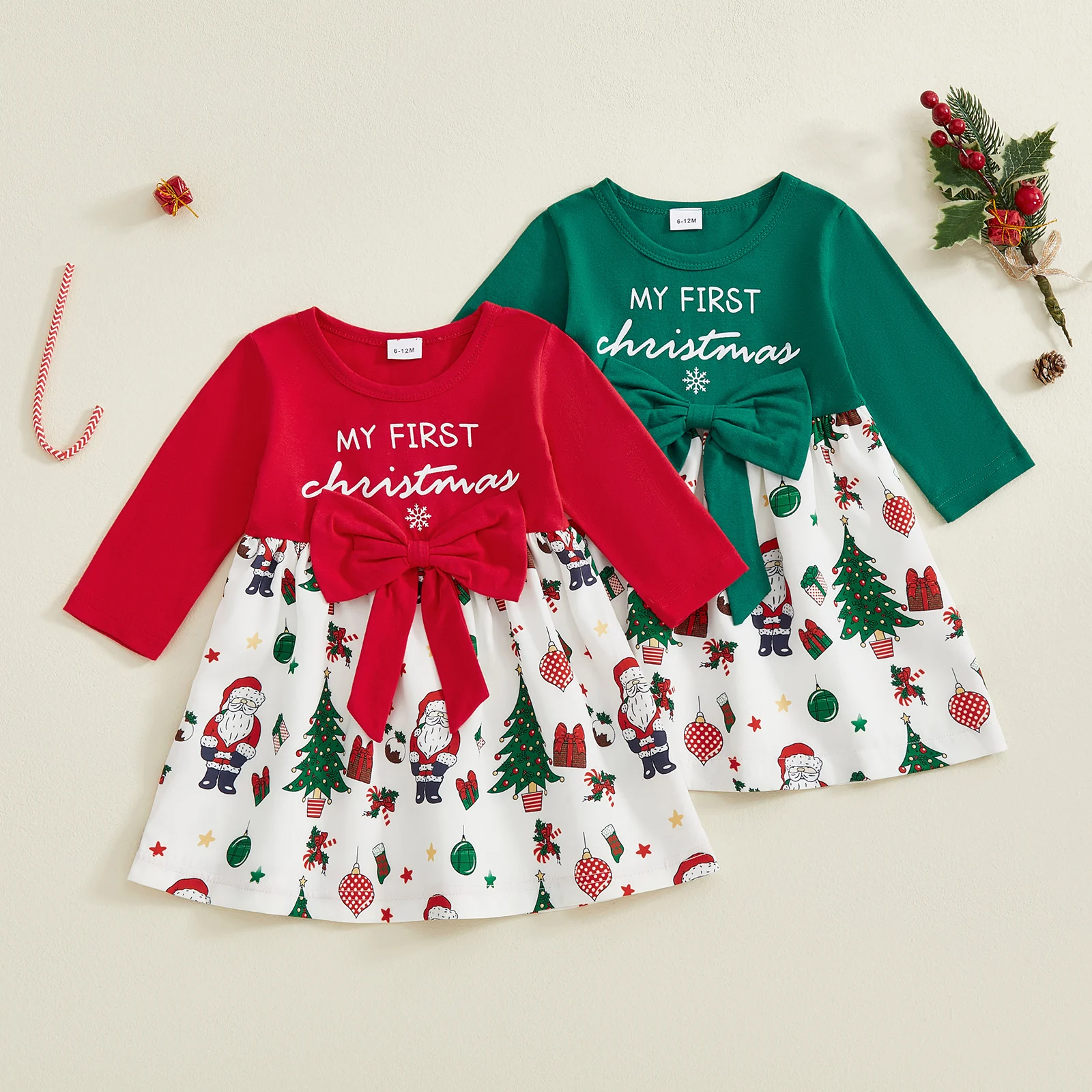 VISgogo فستان عيد الميلاد للفتيات الصغيرات من عمر 0 إلى 18 شهرًا بأكمام طويلة ورقبة دائرية وفيونكة أمامية فستان فضفاض للعطلات