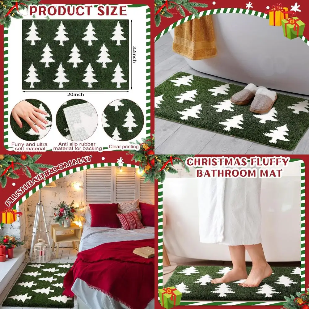 

Green Tree Pattern Non-Slip Absorbent Christmas Bath Mat, 20x32 Inches, Perfect for Holiday Bathroom Decor