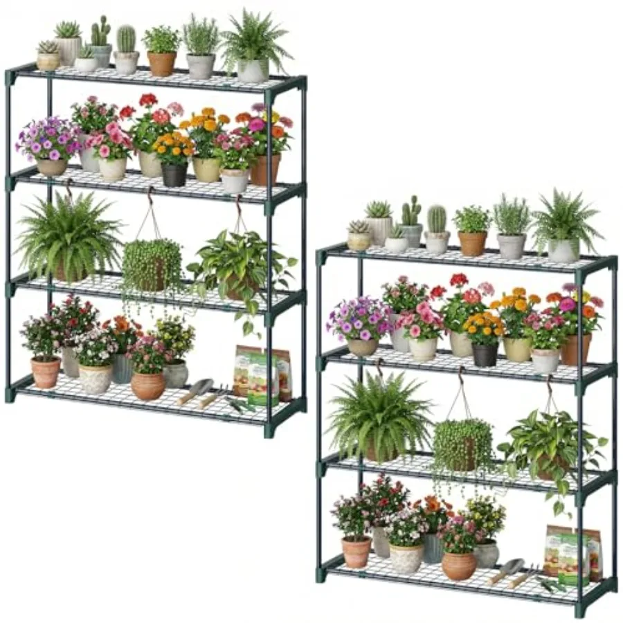 

Outdoor plant greenhouse shelves: rustproof metal green 4-tier extra-wide stable shelving for portable use 35x12x42 inch includ