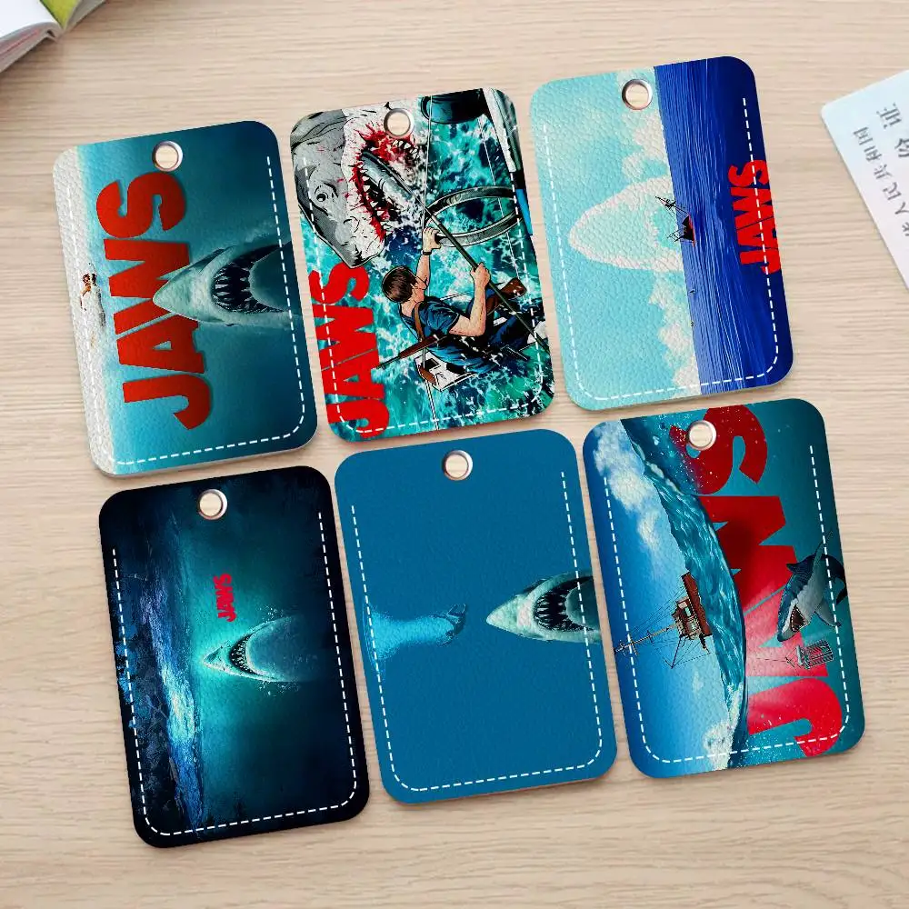 American Classic Horrible Movie J-Jaws Rectangle ID Card Case Keychain Access Card Bag Key Tag Ring Leather Card Holder Key Ring