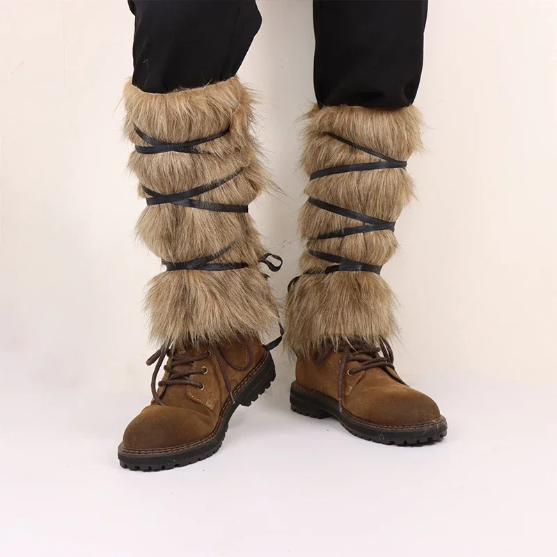 1Pair Men Medieval Imitation Fur Warm Leggings Furry Leggings Boots Cosplay Vikings Dress Up Clothing Pirate Cosplay Accessories