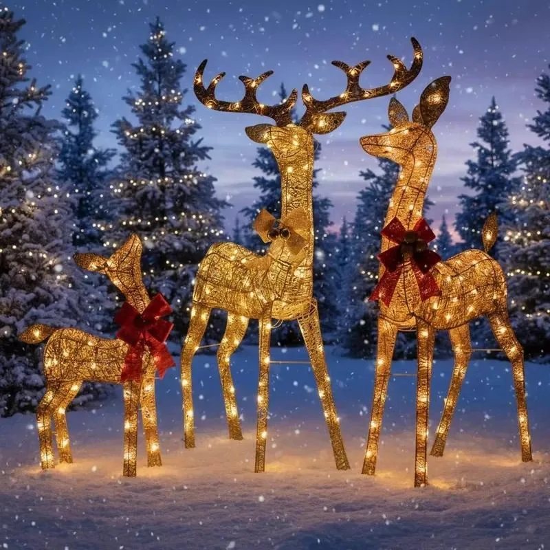22-Inch Warm White LED Light 3-Piece Set Pre-installed Light 3D Christmas Reindeer Home Glow Glitter Outdoor Holiday