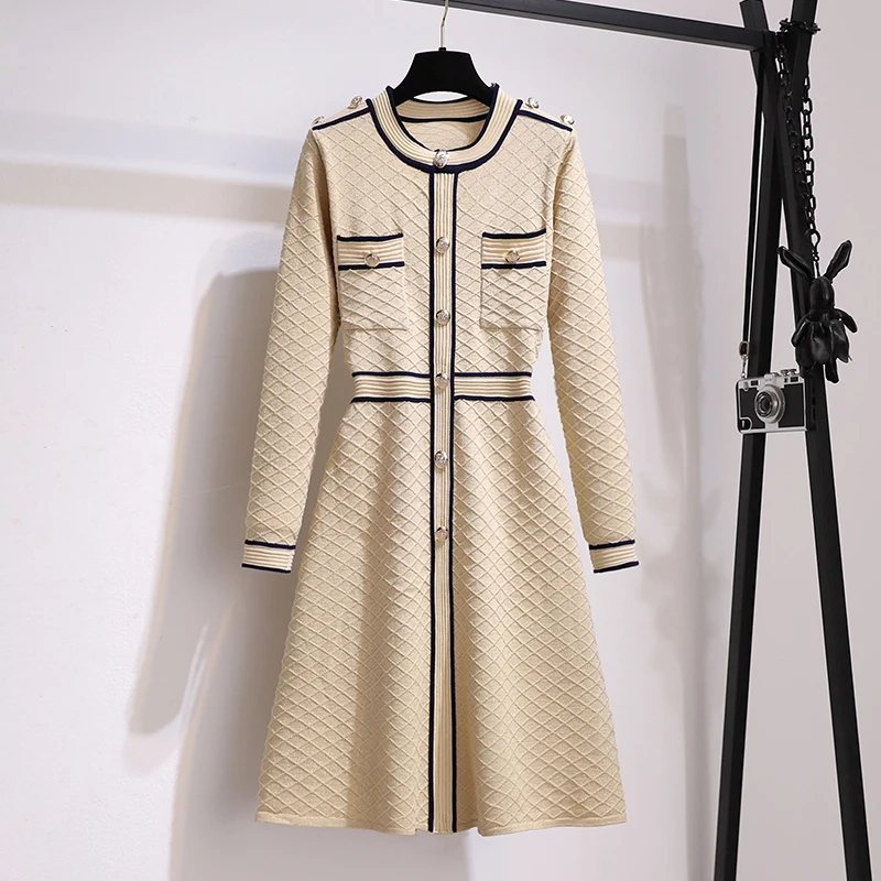 ITOOLIN Women A-Line Sweater Dress French Knit Vintage Patchwork Dress Winter Luxury Designer Buttons Knitted Dresses