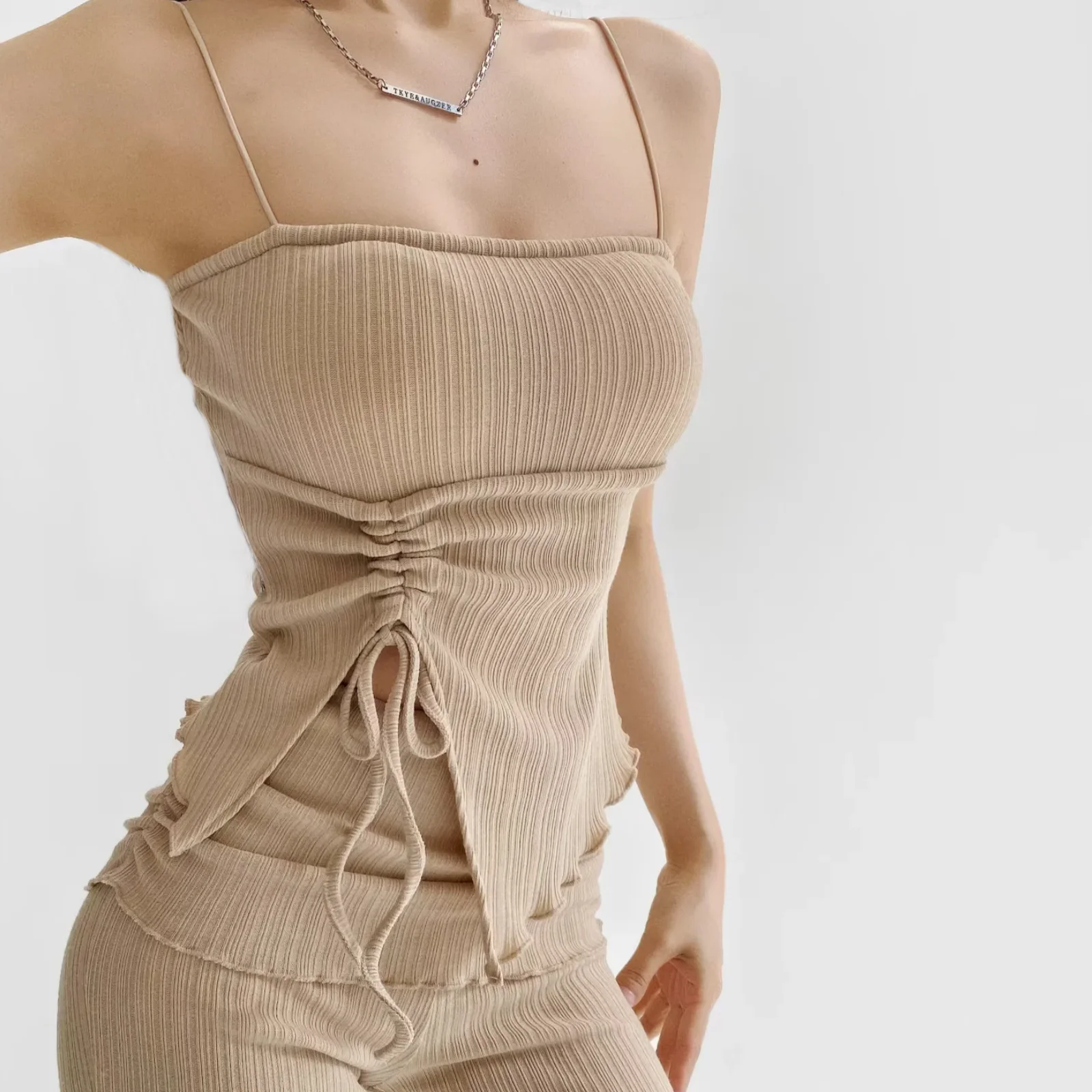

2025 New Women’s Camisole Thin Straps Design Ruched Drawstring Detail Vertical Ribbed Texture Irregular Hem y2k