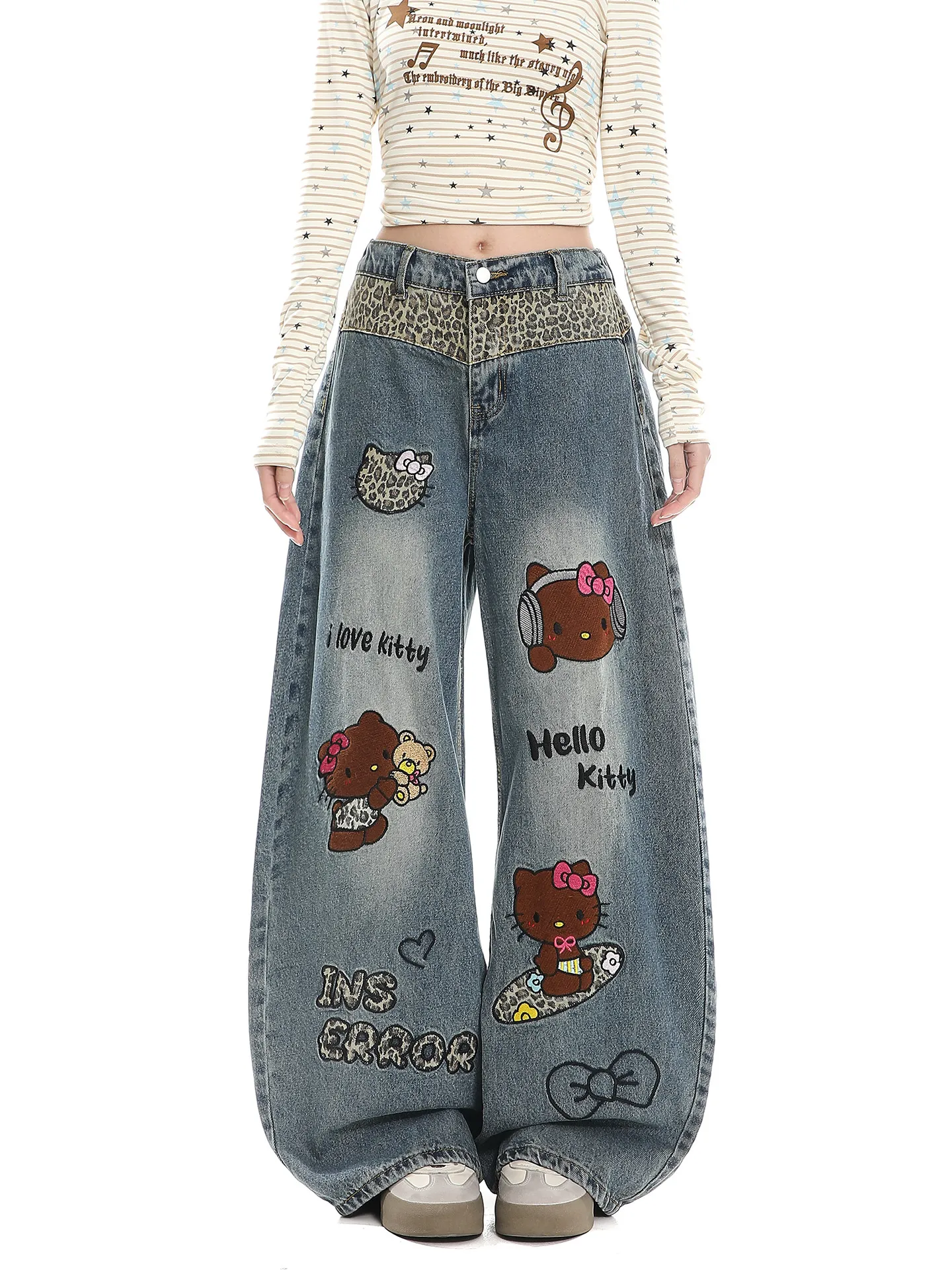 

Женские джинсы с вышивкой в стиле ретро-мультфильмов, свободные, широкие штанины, весенняя новинка, повседневный дизайн, длинные брюки свободного кроя