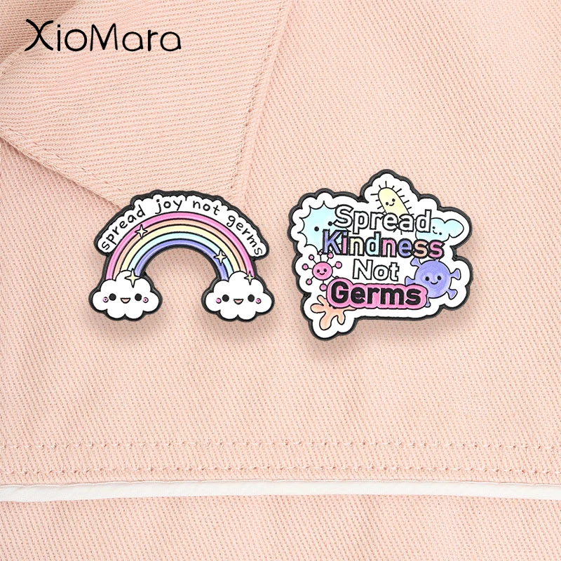 Cute Rainbow Cloud Germ Enamel Pins Stay Health Quotes Spread Kindness Not Germs Brooches Lapel Badge Jewelry Gifts for Friends