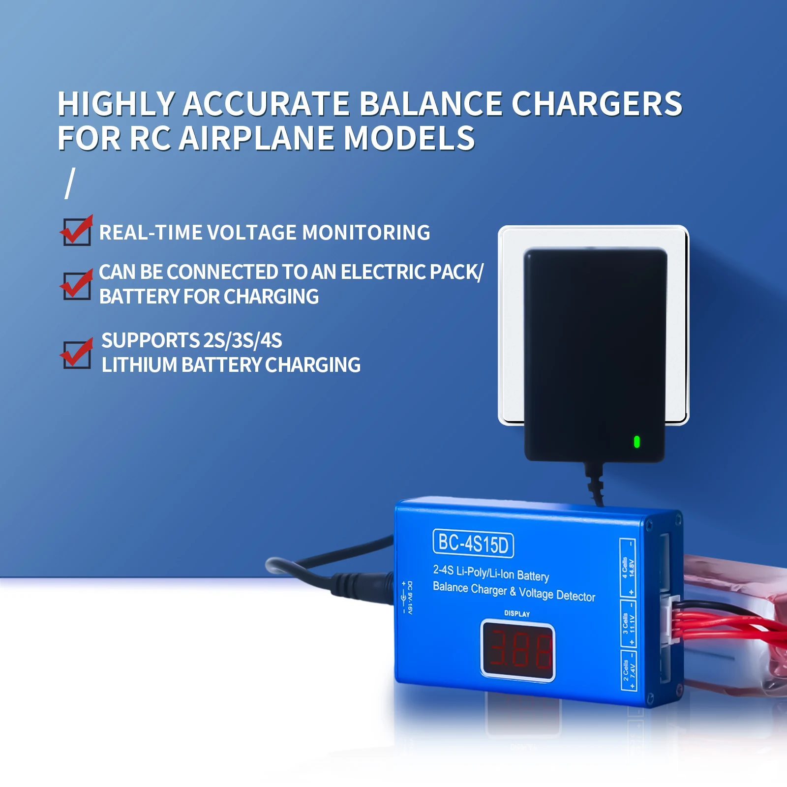 Hobbyhh BC-4s15D 2-4s Lipo RC Battery Balance Charger, 2S 3S 4stoy UAV Crystal Gun Charger Voltage Display