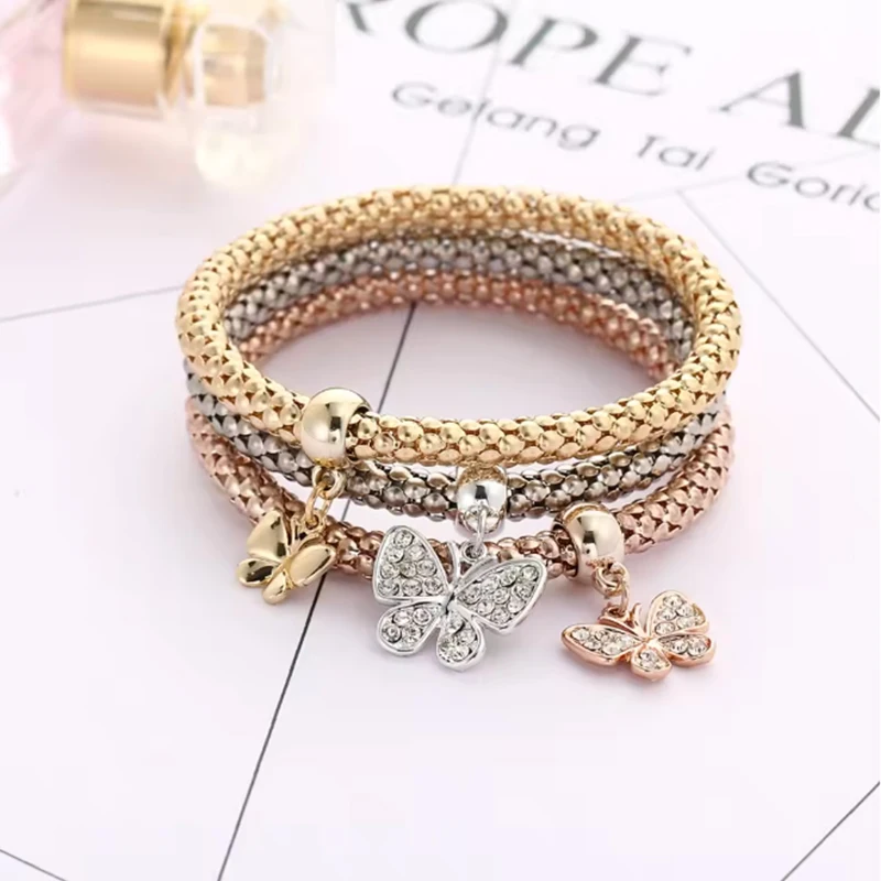 Fashion 3Pcs Heart Bracelet Set Women Crystal Owl/Lock Key/Music Sign/Butterfly/Elephant Charm Bangle Party Fine Jewelry Gift