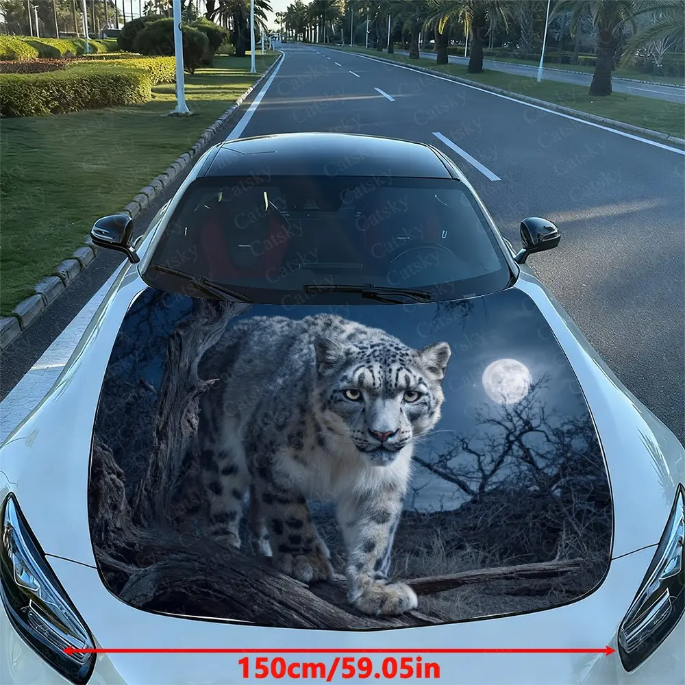 Snow Leopard Under The Moon Car Hood Decal Sticker, Durable Car Vinyl Wraps Suitable For Most Vehicles, Car Engine Hood Protecti