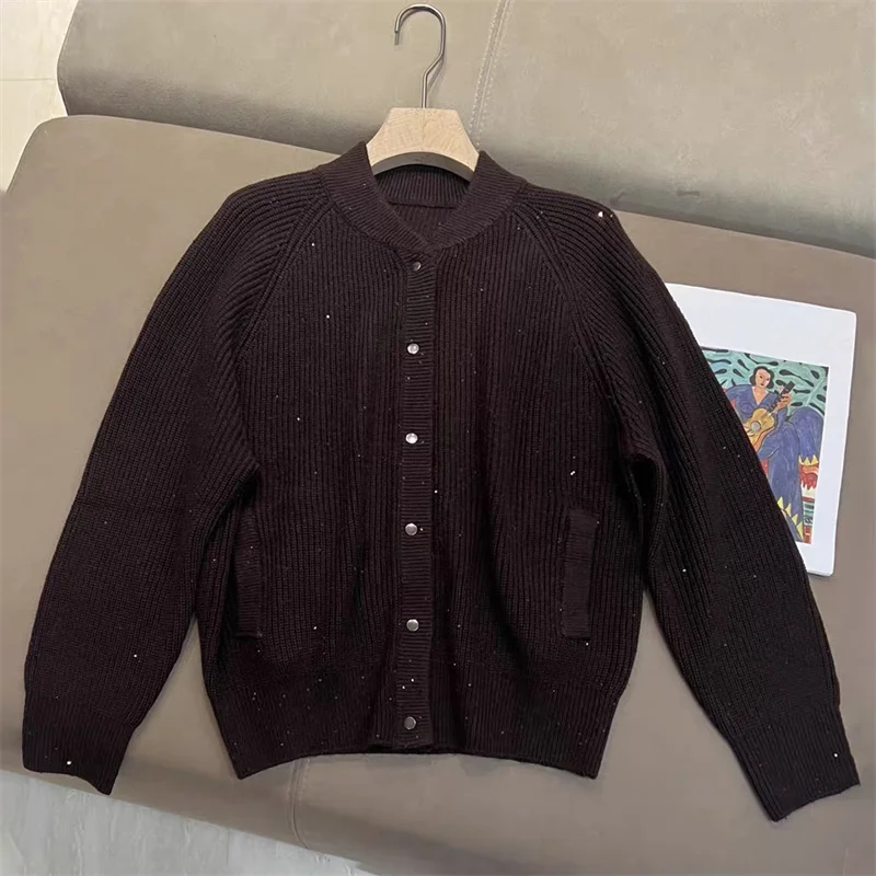 Bild 3: Damen-Cardigan, Neu Herbst 2026, Einreihiger Slim-Fit Damen-Langarm-Oberteil, Pailletten-Mischgewebe Damenmantel, Damenpullover