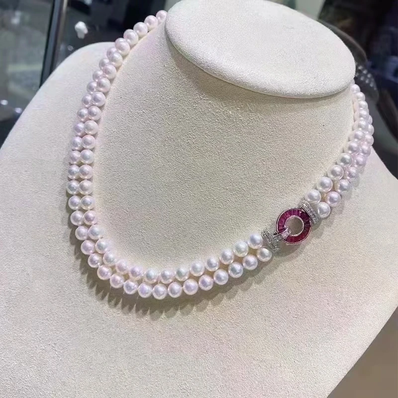 

2rows freshwater pearl white near round 7-8mm +red zircon hook necklace 43-45cm