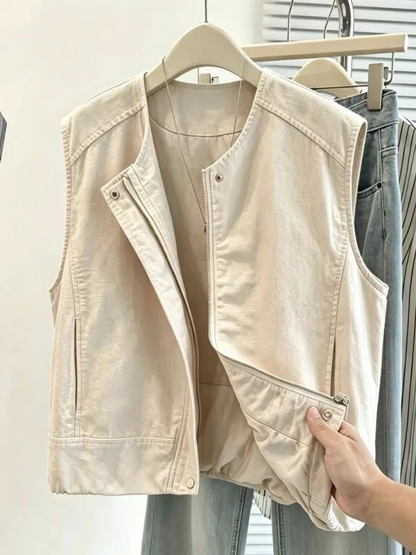 Korean Style Pure Color Simple Cotton Vest Outerwear Women's Casual Layering round Neck Shoulder Top Slimming Top