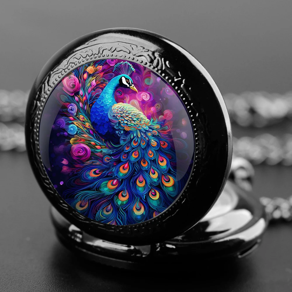 Purple Blue Peacock Design Glass Dome Fashion Arabic Numerals Quartz Pocket Watch Necklace Pendant Chain Mens Women Gifts