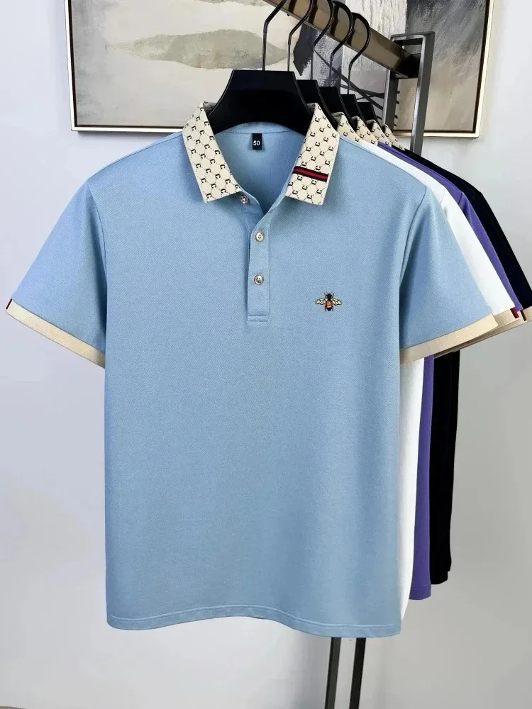 Leicht luxuriöses Marken-Poloshirt mit kurzen Ärmeln modische Bienen-Stickerei farblich abgesetzter Kragen T-Shirt Sommerneuheit lässige Herrenbekleidung – Detail 6