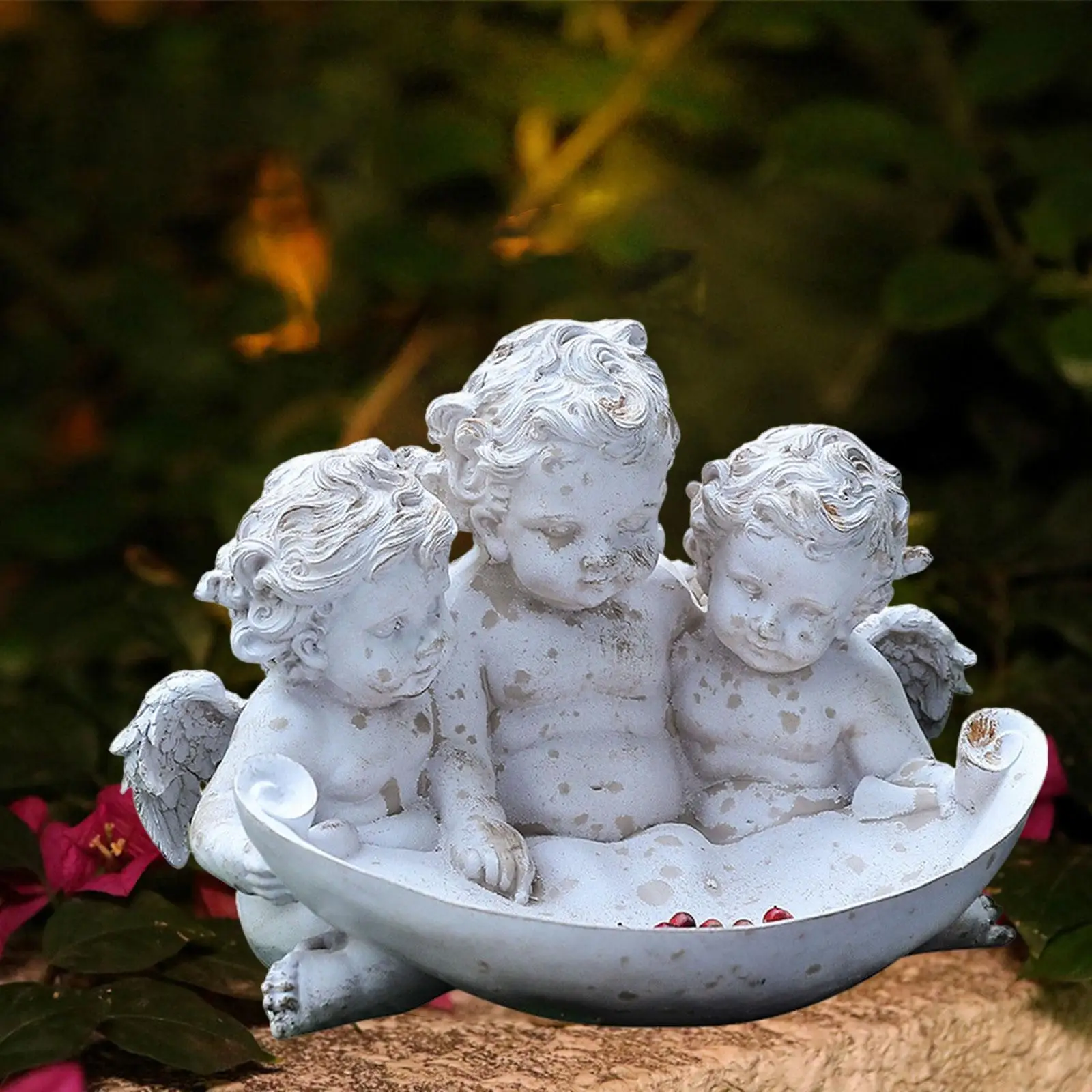 Angeli Statua da giardino Artigianato d'arte Resina resistente alle intemperie Decorazione artistica da giardino Ornamento da prato per cortili Portico Paesaggio Prato Ciotola per mangiatoia per uccelli