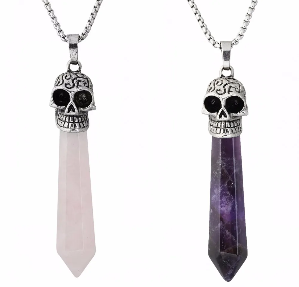 

TUMBEELLUWA Hexagon Prism Crystal Gem Stone Skull Head Charm Pendant Fit Necklace (Free Chain)