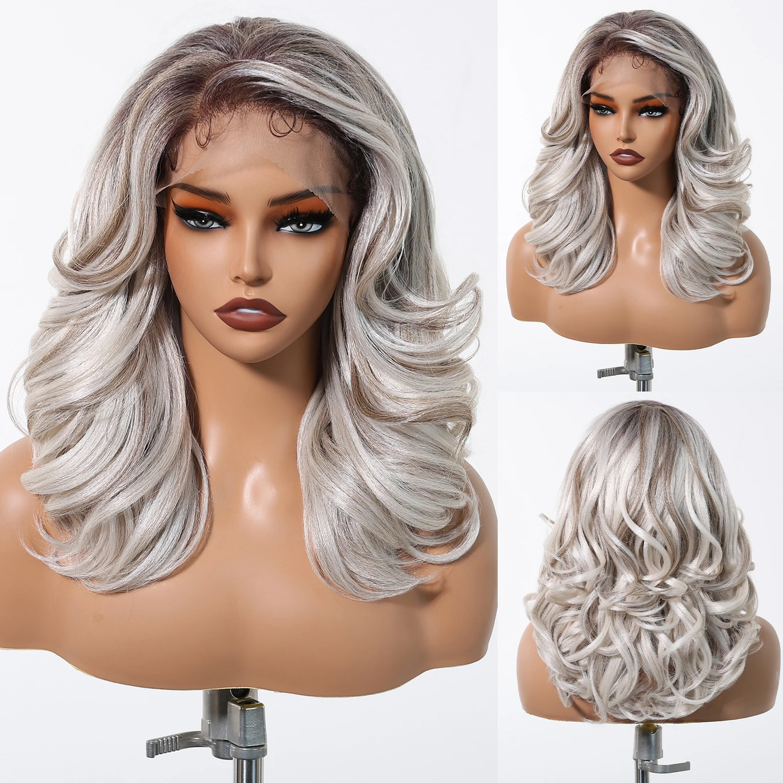 Gray White Highlight Synthetic Wigs 13*6 Transparent Swiss Lace Frontal Wigs Body Wave Long Curly Wigs for Women Elder Mommy Wig