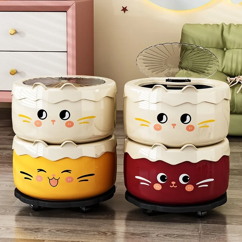 Cute Cat - Face Two - Layer Trash Can with Wheels & Lid, Multi - Color Optional for Home, Kids Room, Living Room