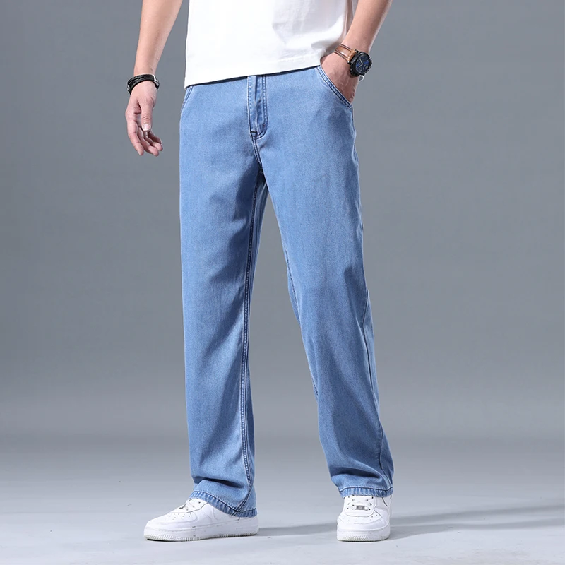 Summer New Men's Lyocell Denim Casual Trousers Loose Breathable Thin Fashionable And Drapey Wide-leg Male Trousers