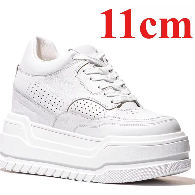 Genuine Leather White Shoes Women's 13cm Elevator Casual Board Shoes Outdoor Chunky Sneakers Thick-soled Height Increasing Shoes