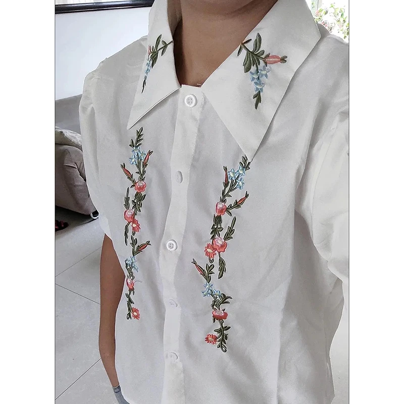 Shirts Women Embroidery Floral Simple Casual All-match Puff Sleeve Chic Elegant Korean Fashion Trendy Top Summer Thin New Female