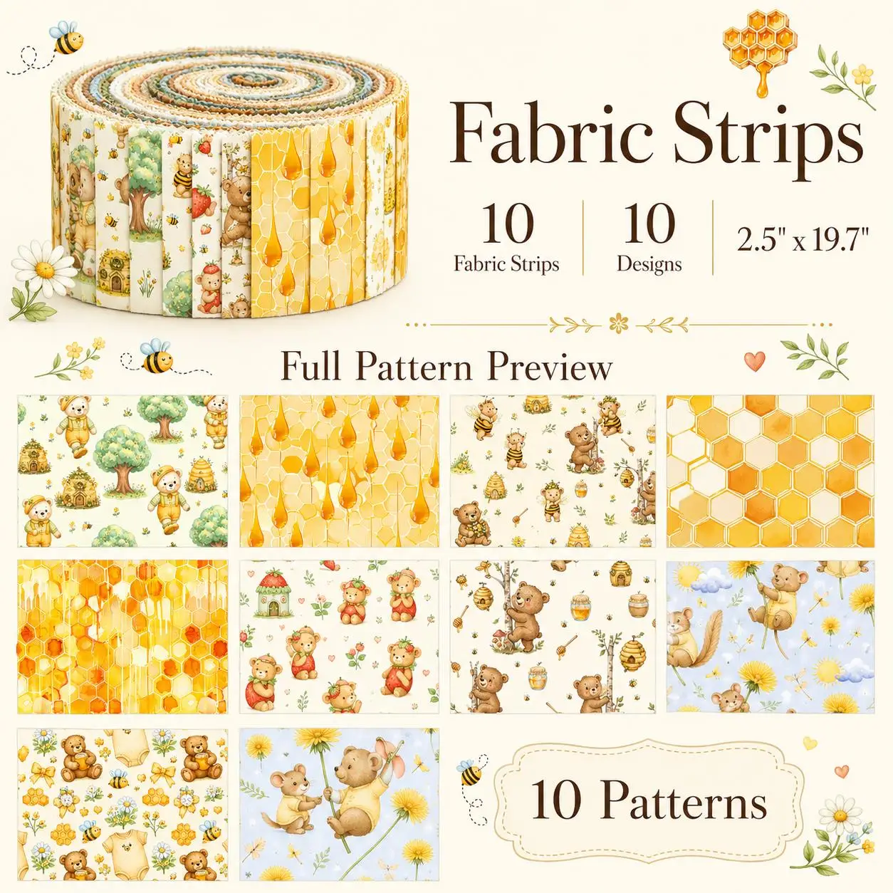 10pcs Honey Bear Jelly Roll Fabric Strips 2.5X19.7inch Pre-cut 100% Polyester for Patchwork Quilts, Table Runners, Placemats