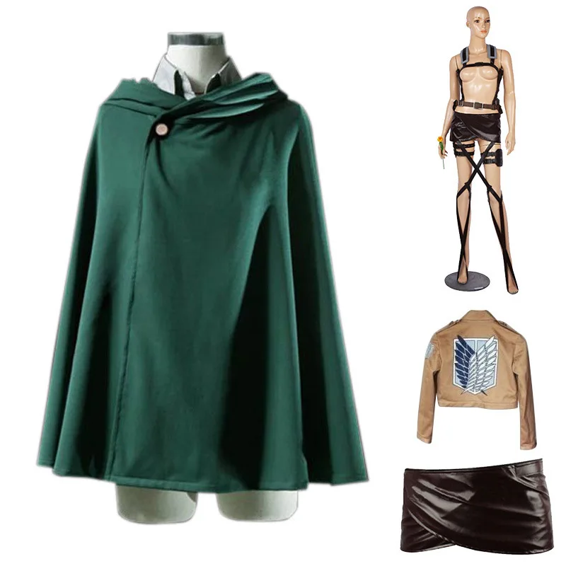 Attack On Titan Eren Mikasa Cosplay-Kostüm, Uniform der Aufklärerlegion, Umhang, Jacke, Lederrock, Gürtel, Flügel der Freiheit Outfit