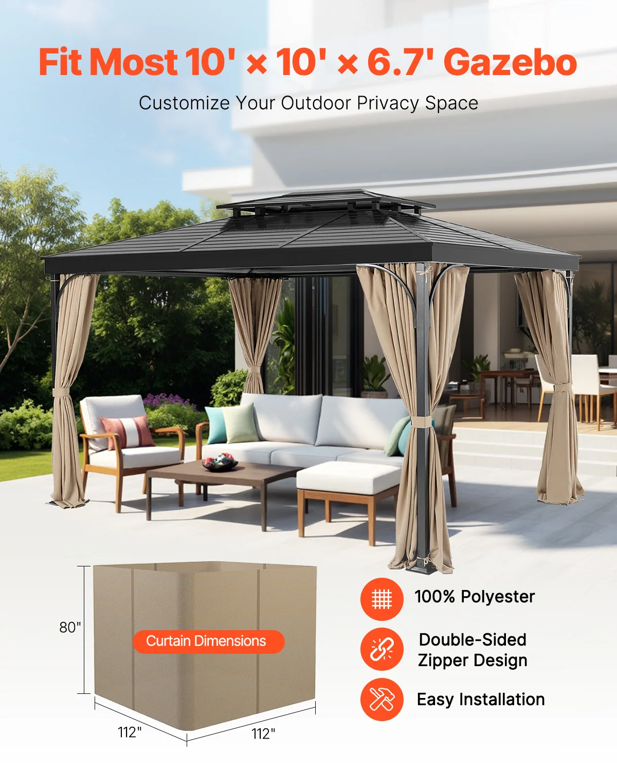 SucceBuy Gazebo Curtains 4-Panel Sidewall Gazebo Privacy Curtains with Zippers Universal Sunshade Curtains Replacement for Patio