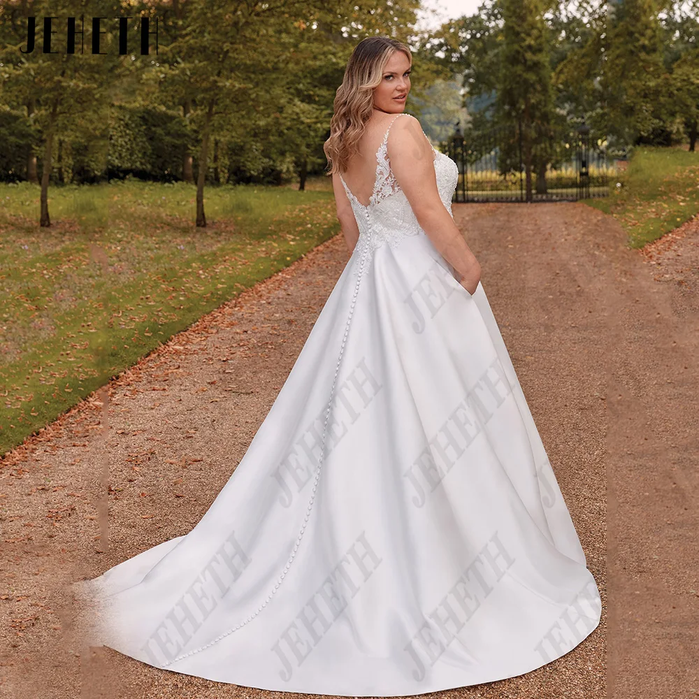 JEHETH Civil Wedding Dress Spaghetti Straps V-Neck Lace Applique Bride Gowns Plus Size A-Line Satin Sleeveless Robe De Mariée