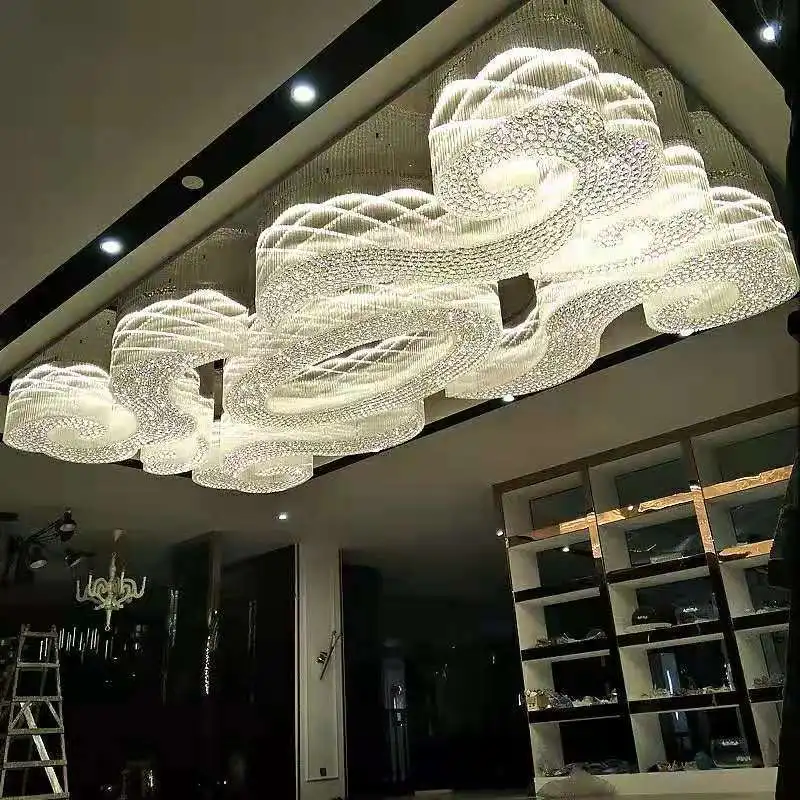 Customized Large Crystal Ceiling Lights Conference Hall Banquet Rectangular Non-standard Engineering Lamp Bank Sales Department