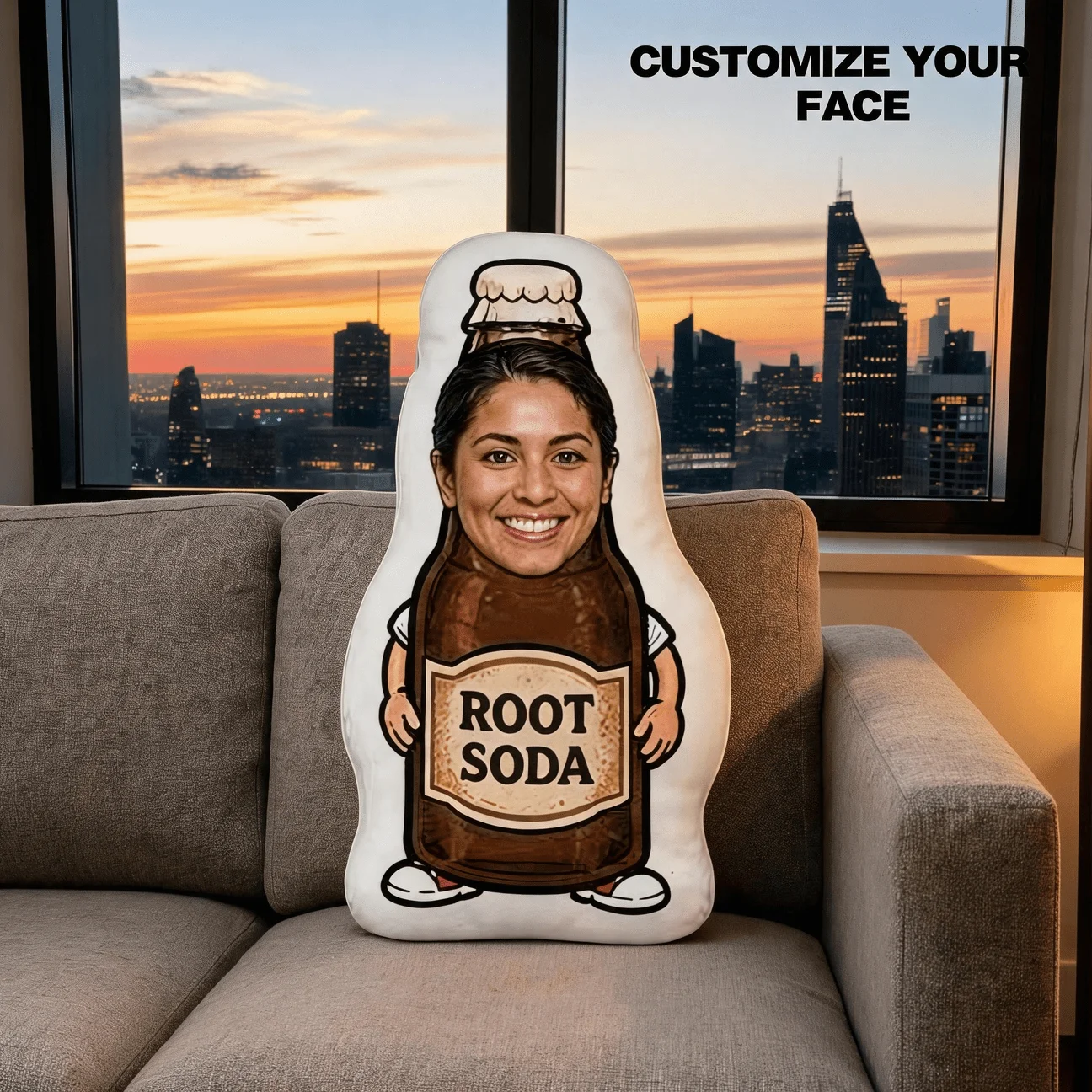 Custom Photo Root Soda Bottle Shaped Pillow, Personalized Funny Face Decorative Cushion, Unique Novelty Home Decor Accent for So
