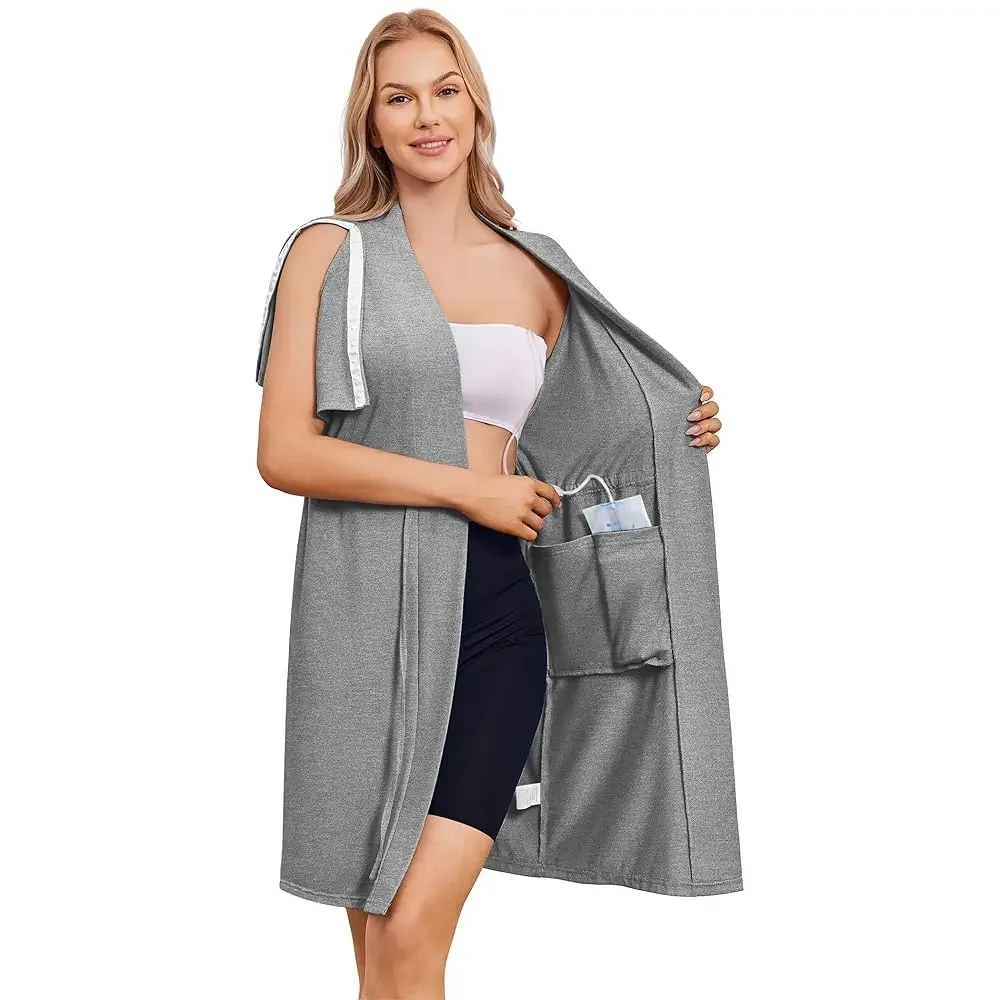 Women's Post Surgery Mastectomy Robe with 4 Internal Drain Pockets Short Sleeve Adaptive Nightgowns Pajama Dress Shirt