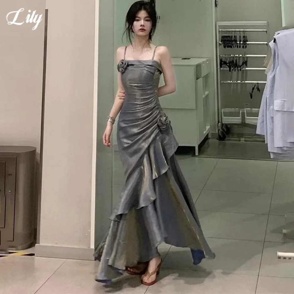 

Lily Grey Elegant Prom Dresses 3D-Flowers Spaghetti Straps Prom Gown Mermaid Ruffles Long Party Dress robe de bal Customized