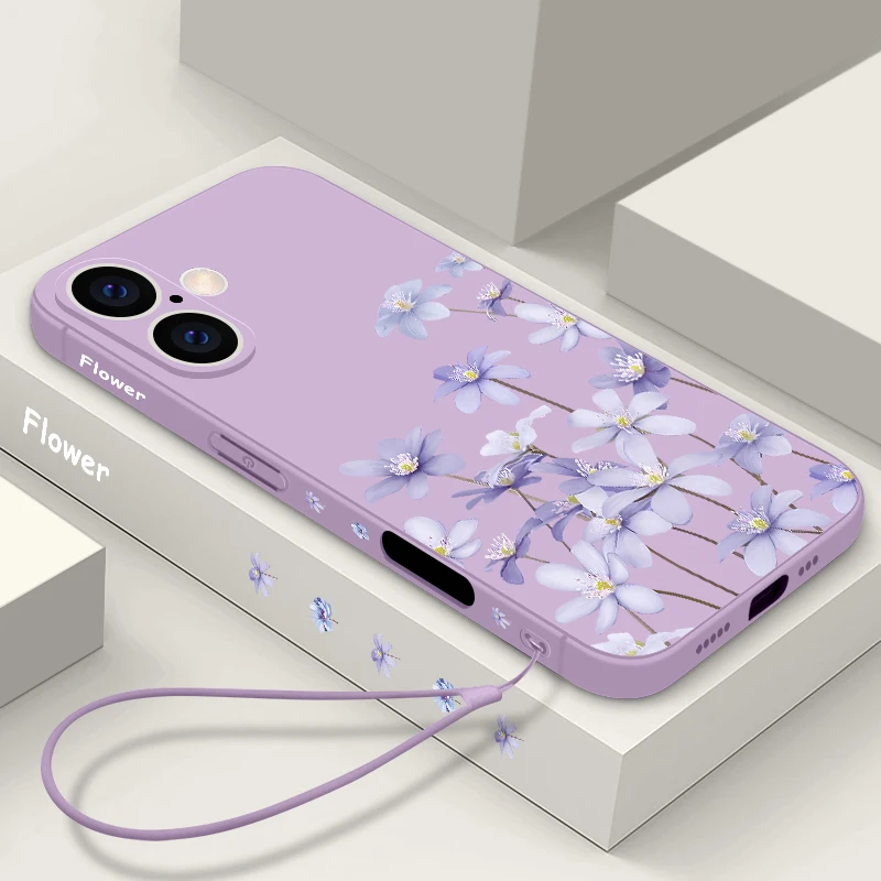 Blumen-Blumen-Hülle für iPhone 13, iPhone 15 Pro 12 13 14 15 16 Pro Max 11 16 Plus, stoßfeste, weiche Silikon-Lanyard-Abdeckung